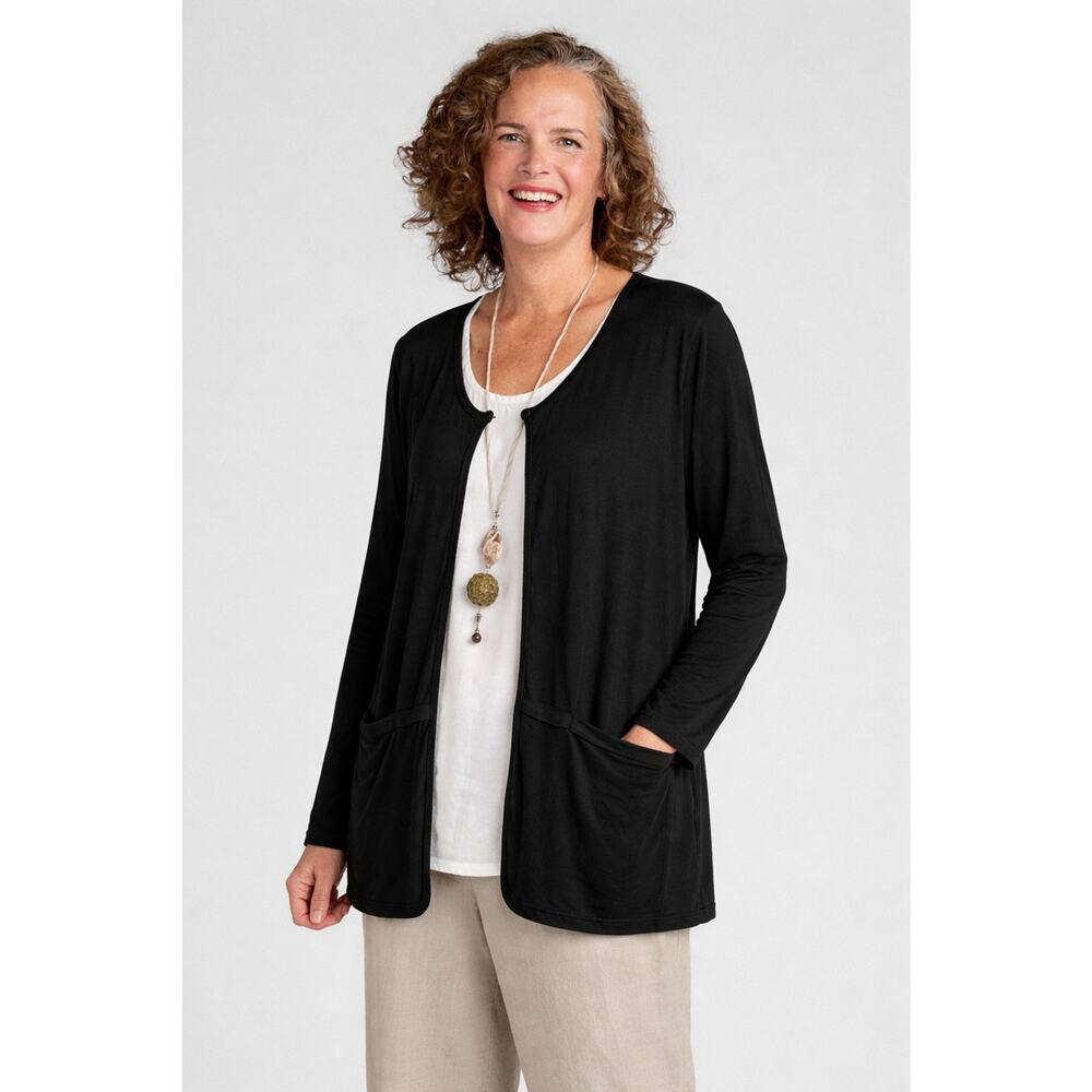 FLAX Womens Slinky Knit Pockets Oversized Lagenlook Cardigan Small Black Travel